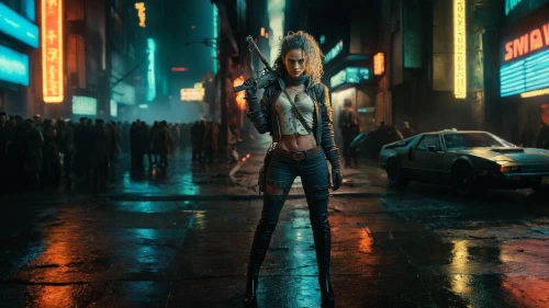 cyberpunk,nerve,merc,walking in the rain,pedestrian,aqua,digital compositing,metropolis,cinematic,girl walking away,futuristic,dystopian,a pedestrian,elsa,silver rain,nova,valerian,femme fatale,cg artwork,urban