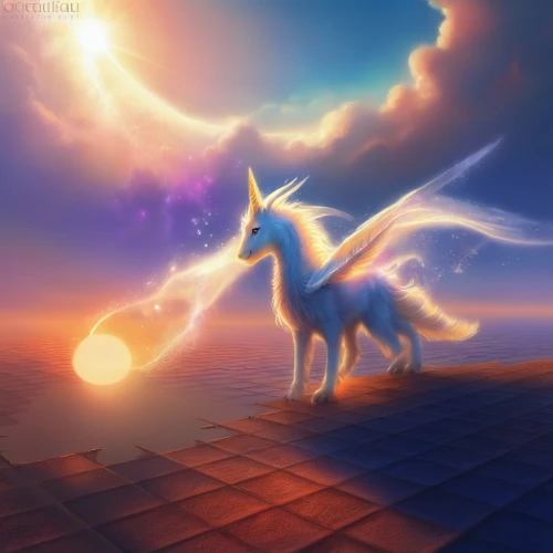 sun moon,dusk background,mystic star,charizard,light bearer,unicorn background,torchlight,celestial event,flame spirit,fantasy picture,sunburst background,fantasia,skyflower,daybreak,torch-bearer,nine-tailed,light of night,gryphon,draconic,starlight,Illustration,Realistic Fantasy,Realistic Fantasy 01