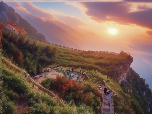 fantasy landscape,landscape background,mountain settlement,alpine village,mountain village,mountainous landscape,house in mountains,hot-air-balloon-valley-sky,mountain landscape,mountain world,gaztelugatxe,full hd wallpaper,lavaux,fantasy picture,alpine sunset,mountain slope,great wall,mountain sunrise,house in the mountains,mountain scene,Illustration,Paper based,Paper Based 04