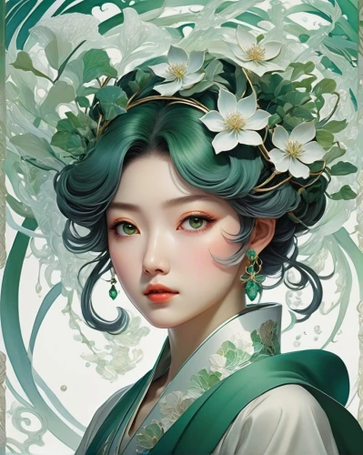 jasmine blossom,mint blossom,white blossom,lily of the field,lilly of the valley,moonflower,flora,junshan yinzhen,fantasy portrait,oriental princess,geisha,dryad,lily of the valley,jasmine flower,spring crown,chinese art,lilies of the valley,elven flower,flower fairy,emerald,Illustration,Retro,Retro 03