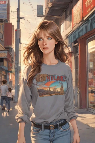 girl in t-shirt,world digital painting,digital painting,sweatshirt,long-sleeved t-shirt,isolated t-shirt,retro girl,retro woman,girl walking away,pedestrian,jeans background,tshirt,portrait background,the girl at the station,santa monica,advertising clothes,deli,shopping icon,a pedestrian,jean jacket,Digital Art,Comic