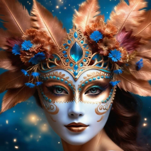 venetian mask,headdress,masquerade,fantasy art,fantasy portrait,golden mask,the carnival of venice,faerie,feather headdress,faery,headpiece,fantasy woman,blue enchantress,masque,fairy queen,indian headdress,beauty mask,tribal masks,gold mask,shamanic,Illustration,Realistic Fantasy,Realistic Fantasy 01