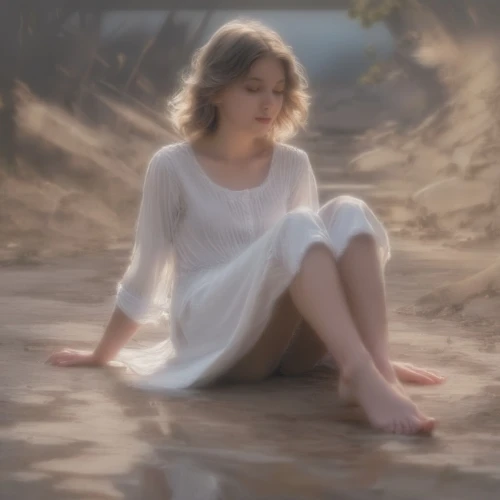 the blonde in the river,girl on the river,barefoot,meditative,wading,enchanting,angelic,immersed,delicate,footprints in the sand,on the shore,in water,singing sand,malibu,meditating,ethereal,digital compositing,lover's grief,gracefulness,rivers