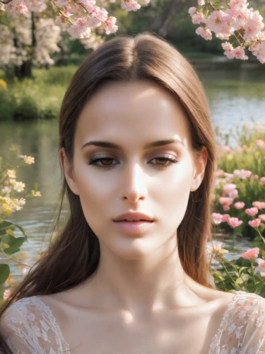 girl in flowers,natural cosmetic,beautiful girl with flowers,natural cosmetics,faerie,romantic look,faery,springtime background,spring background,fairy queen,spring crown,flower fairy,kirch blossoms,petal,mystical portrait of a girl,woman face,retouching,almond blossoms,women's cosmetics,beauty face skin,Photography,Realistic