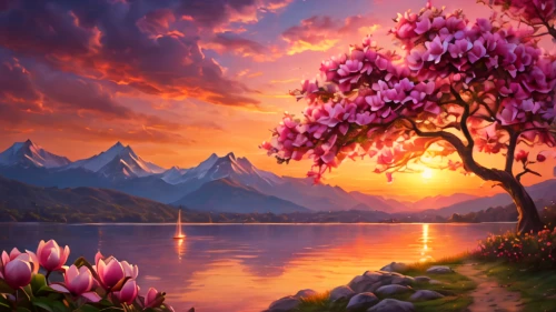 landscape background,blossom tree,beautiful landscape,splendor of flowers,blooming trees,springtime background,nature landscape,fantasy landscape,cherry blossom tree,flourishing tree,spring background,landscapes beautiful,flower background,blooming tree,flower in sunset,mountain sunrise,flower tree,background view nature,flowering trees,blossoming apple tree,Photography,General,Cinematic