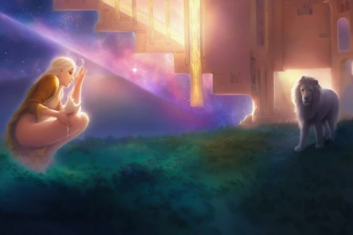 fantasy picture,the annunciation,sci fiction illustration,world digital painting,nativity,celestial event,encounter,starlight,unicorn background,fantasy art,dream world,fairy tale,the threshold of the house,fairytales,3d fantasy,night scene,game illustration,games of light,light of night,idyll,Illustration,Realistic Fantasy,Realistic Fantasy 01