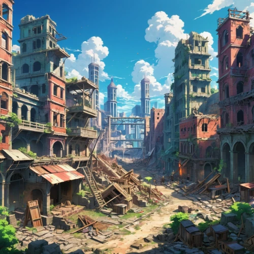 gunkanjima,destroyed city,ruins,ancient city,post-apocalyptic landscape,hashima,lostplace,ruin,industrial ruin,lost place,wasteland,fantasy city,industrial landscape,post apocalyptic,cityscape,abandoned place,post-apocalypse,slum,lost places,violet evergarden,Illustration,Japanese style,Japanese Style 03
