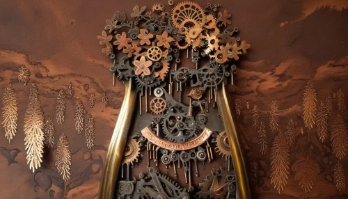 grandfather clock,longcase clock,tower clock,old clock,cuckoo clock,steampunk gears,scrap sculpture,the throne,iron door,throne,art nouveau design,carved wood,cuckoo clocks,wood carving,art deco ornament,patterned wood decoration,hanging clock,art nouveau,carved wall,mandelbulb,Illustration,Realistic Fantasy,Realistic Fantasy 13