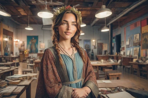 librarian,girl in a historic way,art dealer,artist portrait,vintage woman,ayasofya,merchant,boho art,birce akalay,salesgirl,ancient egyptian girl,miss circassian,shopkeeper,antiquariat,boho,hippy market,digital compositing,portrait of a girl,antique background,queen anne,Photography,Realistic