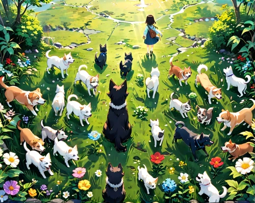 animal lane,animal migration,hare trail,animal world,hare field,forest animals,round animals,frog gathering,sea of flowers,woodland animals,chinese pastoral cat,meadow play,whimsical animals,kennel club,field of flowers,small animals,garden-fox tail,green animals,animals,cat lovers,Anime,Anime,Traditional
