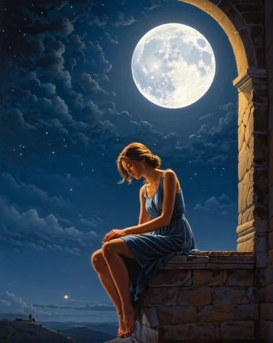 blue moon,moonlit night,woman thinking,night scene,blue moon rose,romantic night,moonlight,herfstanemoon,romantic scene,astronomer,moonlit,woman at the well,la nascita di venere,fantasy picture,contemplation,skywatch,night image,loneliness,moon night,the girl in nightie