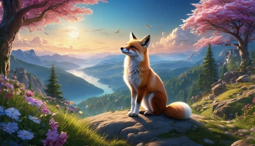 fox,cute fox,garden-fox tail,springtime background,a fox,spring background,landscape background,adorable fox,dusk background,kitsune,fantasy picture,forest background,foxes,child fox,little fox,red fox,mountain sunrise,flower background,japanese sakura background,redfox,Photography,General,Realistic