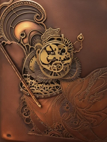 head plate,leather suitcase,leather compartments,lyre box,purse,treasure chest,embossed,messenger bag,embossing,venetian mask,helmet plate,card box,leather texture,metal embossing,steampunk,handbag,steampunk gears,leather goods,pirate treasure,scabbard,Illustration,Realistic Fantasy,Realistic Fantasy 13