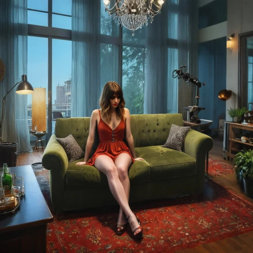 livingroom,lady in red,living room,apartment lounge,digital compositing,sitting room,dollhouse,red shoes,man in red dress,visual effect lighting,scene lighting,loft,chaise lounge,apartment,one room,the living room of a photographer,great room,world digital painting,lounge,doll's house