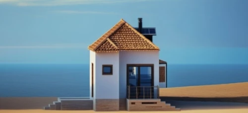 lifeguard tower,miniature house,rubjerg knude lighthouse,beach hut,dunes house,beach house,model house,small house,inverted cottage,little house,house of the sea,beachhouse,lonely house,estate agent,light house,house insurance,holiday villa,lighthouse,window with sea view,3d render