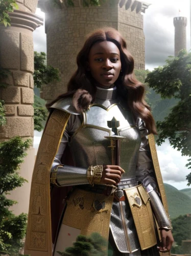 tiana,joan of arc,castleguard,heroic fantasy,digital compositing,female warrior,girl in a historic way,nigeria woman,fantasy woman,kings landing,warrior woman,bran,paladin,celtic queen,fantasy picture,artemisia,fantasy portrait,elaeis,wall,biblical narrative characters