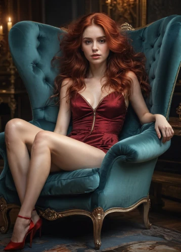 redhair,sitting on a chair,red-haired,red shoes,red head,redhead doll,red hair,sofa,femme fatale,red gown,velvet elke,redheads,cinderella,vanity fair,lady in red,redhead,redheaded,man in red dress,chaise,seated
