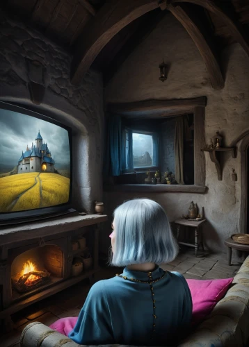 dandelion hall,home cinema,the little girl's room,studio ghibli,children's room,the living room of a photographer,witcher,digital compositing,fantasy picture,3d fantasy,attic,children's bedroom,hobbiton,children's fairy tale,home theater system,playing room,doll's house,children's interior,witch's house,game room,Illustration,Realistic Fantasy,Realistic Fantasy 17