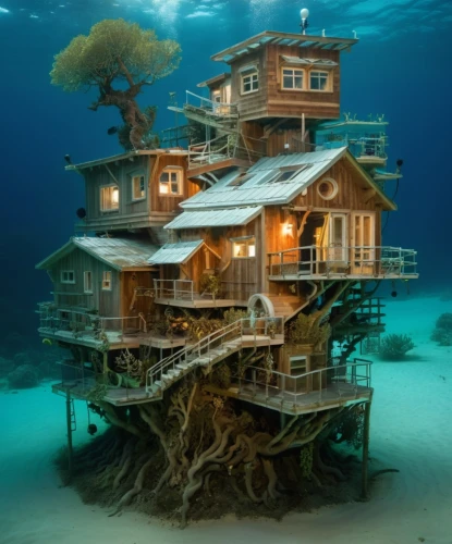 house of the sea,stilt house,underwater playground,floating huts,house with lake,fisherman's house,stilt houses,houseboat,island suspended,ocean underwater,house by the water,tree house,underwater landscape,tree house hotel,sunken church,inverted cottage,floating islands,floating island,wooden house,sunken ship,Photography,Artistic Photography,Artistic Photography 01