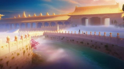 forbidden palace,water palace,hall of supreme harmony,summer palace,white temple,pink city,ancient city,water castle,ramadan background,fantasy landscape,shanghai disney,city moat,dusk background,golden temple,kingdom,thermal bath,fantasy city,mid-autumn festival,fantasy world,water lotus,Illustration,Realistic Fantasy,Realistic Fantasy 01