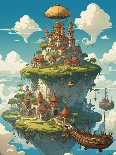 floating island,mushroom island,floating islands,fantasy world,flying island,mushroom landscape,studio ghibli,airships,fantasy landscape,fantasy city,bird kingdom,airship,island suspended,artificial island,artificial islands,3d fantasy,an island far away landscape,fairy world,islands,waterglobe,Illustration,Children,Children 04