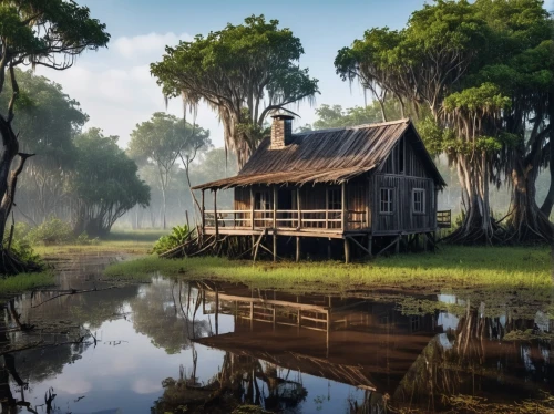 bayou,lonely house,fisherman's house,summer cottage,house with lake,stilt house,swamp,house in the forest,little house,bodie island,home landscape,house by the water,homestead,swampy landscape,wooden house,small cabin,cottage,country cottage,florida home,small house,Photography,General,Realistic