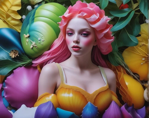 girl in flowers,girl in a wreath,bodypaint,colorful balloons,bodypainting,flower fairy,flora,plastic arts,body painting,poison ivy,plasticine,flower art,wreath of flowers,beautiful girl with flowers,secret garden of venus,3d fantasy,fantasy woman,mermaid,flower wall en,rainbow color balloons,Illustration,Paper based,Paper Based 09