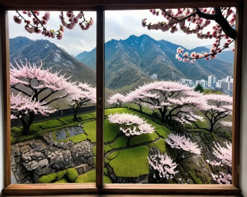 window film,sakura trees,japanese cherry trees,plum blossoms,chinese screen,japanese floral background,japanese sakura background,japanese cherry blossoms,window view,blooming trees,window covering,japan landscape,guizhou,japanese mountains,chinese art,window with sea view,cherry trees,cherry blossom japanese,sakura blossoms,floral silhouette frame,Illustration,Realistic Fantasy,Realistic Fantasy 36