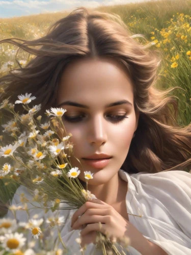 chamomile in wheat field,girl in flowers,girl lying on the grass,beautiful girl with flowers,meadow daisy,daisy flowers,golden flowers,daisies,splendor of flowers,chamomile,field of flowers,meadow flowers,camomile,yellow grass,falling flowers,grass blossom,wild flowers,natural perfume,wildflower,flower essences,Photography,Realistic