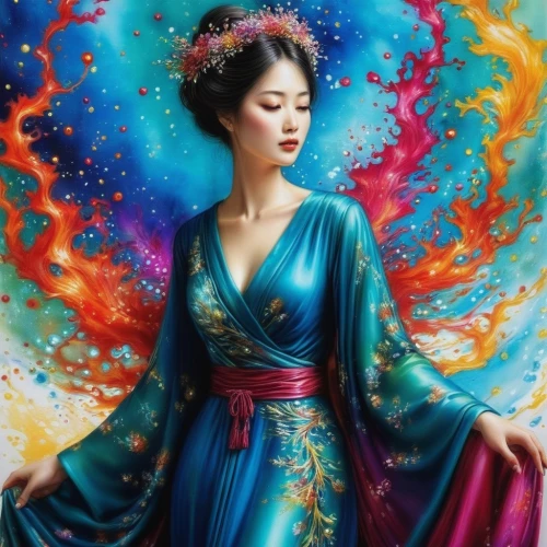 chinese art,oriental princess,oriental painting,mulan,oriental girl,fairy peacock,hanbok,asian woman,fantasy portrait,japanese art,oriental,fantasy art,vietnamese woman,geisha,world digital painting,mystical portrait of a girl,inner mongolian beauty,geisha girl,flame spirit,chinese style,Illustration,Realistic Fantasy,Realistic Fantasy 08