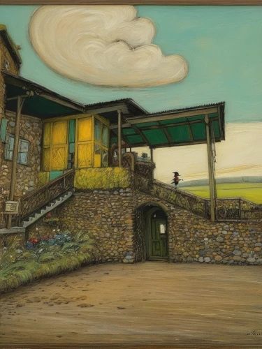 hacienda,village scene,rural landscape,farm gate,fisherman's house,fisherman's hut,farm landscape,the threshold of the house,the train station,farm hut,rathauskeller,rustico,pergola,railroad station,toll house,home landscape,khokhloma painting,gas-station,tavern,train station,Art,Artistic Painting,Artistic Painting 49