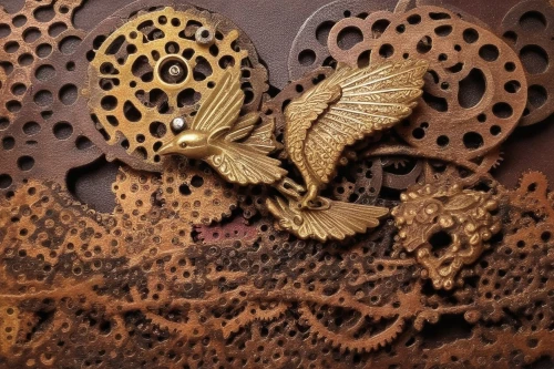 steampunk gears,the laser cuts,wood angels,carved wood,steampunk,wood carving,cuckoo clocks,wooden heart,gold filigree,venetian mask,decorative fan,intricate,patterned wood decoration,gears,cog,insect box,wood heart,wood art,insect hotel,metal embossing,Illustration,Realistic Fantasy,Realistic Fantasy 13
