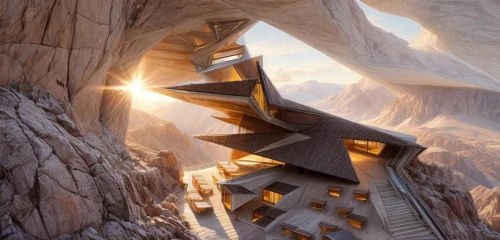 futuristic architecture,crooked house,cubic house,mountain settlement,futuristic landscape,house in mountains,alpine hut,house in the mountains,mountain huts,futuristic art museum,mountain hut,dunes house,sky space concept,spitzkoppe,cube stilt houses,hanging houses,alpine village,roof landscape,russian pyramid,the cabin in the mountains,Game Scene Design,Game Scene Design,Realistic