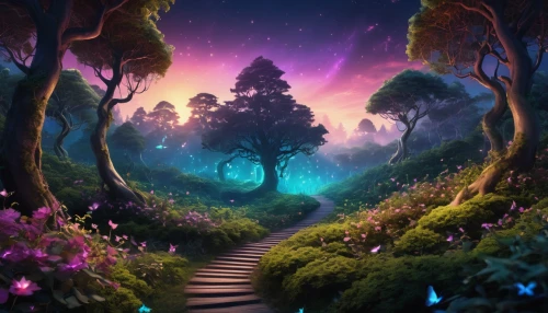 fairy forest,fantasy landscape,forest path,the mystical path,purple landscape,enchanted forest,fantasy picture,fairy world,elven forest,forest of dreams,fairytale forest,pathway,hiking path,wonderland,tree top path,druid grove,the path,forest landscape,fairy village,forest road,Photography,General,Realistic