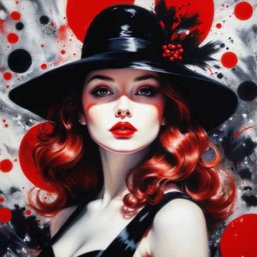 black hat,red hat,queen of hearts,scarlet witch,fashion illustration,black widow,pin ups,the hat of the woman,valentine pin up,valentine day's pin up,red cap,retro pin up girl,redhead doll,pin up girl,the hat-female,pin up,lollo rosso,retro pin up girls,woman's hat,fantasy art,Illustration,Paper based,Paper Based 04