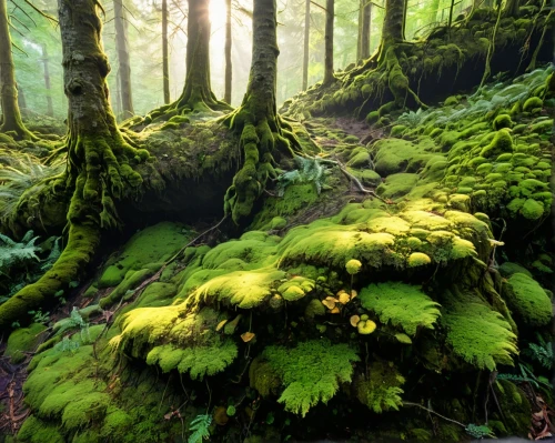 forest moss,forest floor,elven forest,tree moss,moss,green forest,old-growth forest,aaa,fairy forest,mushroom landscape,coniferous forest,forest dragon,swampy landscape,fir forest,forest plant,forest landscape,spruce-fir forest,spruce forest,mixed forest,forest glade,Illustration,Japanese style,Japanese Style 05