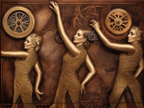 ships wheel,wooden wheel,girl with a wheel,art deco woman,wood angels,wooden figures,ship's wheel,the three graces,tanoura dance,clockwork,dartboard,dancers,cymbals,wood carving,four o'clocks,photomontage,spinning,wind rose,tour to the sirens,cd cover,Illustration,Realistic Fantasy,Realistic Fantasy 13