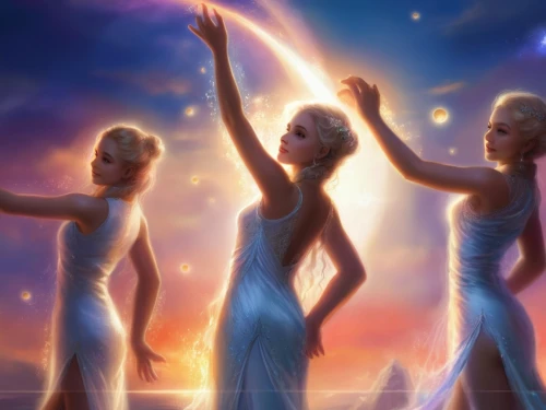 celtic woman,apollo and the muses,the three graces,celestial event,four seasons,artists of stars,tour to the sirens,star winds,fairies aloft,the stars,dancers,singers,angels,divine healing energy,lights serenade,celestial bodies,fantasy picture,cg artwork,angels of the apocalypse,pageant,Illustration,Realistic Fantasy,Realistic Fantasy 01