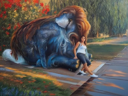 chalk drawing,street artist,street artists,girl with dog,child in park,elephant's child,studio ghibli,oil painting on canvas,blue elephant,oil painting,street art,leonberger,public art,girl walking away,man and horses,girl elephant,art painting,lions couple,st bernard,father with child,Illustration,Paper based,Paper Based 04