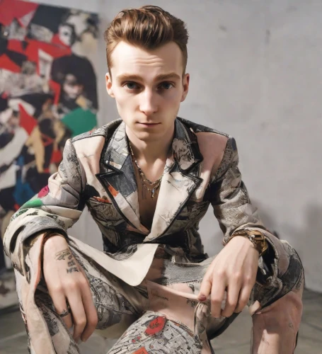 male model,photo session in torn clothes,pompadour,harlequin,art model,male poses for drawing,suit of spades,punk,rockabilly style,matador,vintage boy,the suit,camo,tom-tom drum,boy model,menswear,men's suit,quiff,pomade,artist's mannequin,Photography,Realistic