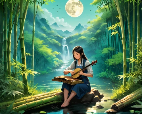 world digital painting,fantasy picture,serenade,mulan,fantasy portrait,studio ghibli,girl on the river,ukulele,guitar,musical background,bamboo flute,banjo player,woman playing,landscape background,vietnam,forest background,girl with tree,musician,fantasy art,music background,Unique,Design,Infographics