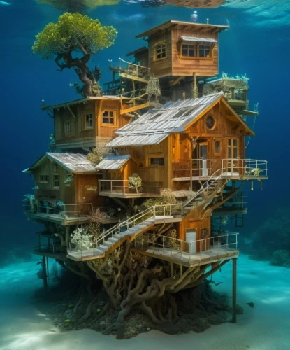 house of the sea,underwater playground,stilt house,floating huts,stilt houses,tree house,tree house hotel,island suspended,floating islands,fisherman's house,underwater landscape,cube stilt houses,ocean underwater,house with lake,floating island,underwater world,sunken church,underwater oasis,houseboat,treehouse,Photography,Artistic Photography,Artistic Photography 01