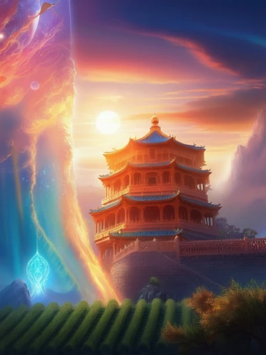 fantasy landscape,world digital painting,fantasy picture,temple fade,hall of supreme harmony,chinese clouds,chinese background,chinese temple,asian vision,fantasy art,mid-autumn festival,landscape background,full hd wallpaper,sacred lotus,backgrounds,buddhist temple,the pillar of light,oriental,skyflower,3d fantasy,Illustration,Realistic Fantasy,Realistic Fantasy 01