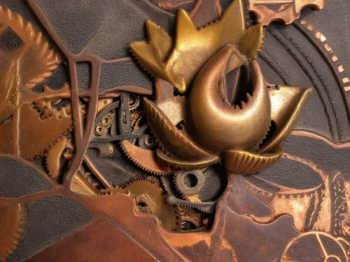 head plate,helmet plate,steampunk gears,equestrian helmet,venetian mask,bronze horseman,soldier's helmet,metal embossing,leather texture,gold mask,cavalry trumpet,mod ornaments,pickelhaube,gilding,iron,gold foil crown,ship's wheel,horn of amaltheia,detail shot,decorative fan,Illustration,Realistic Fantasy,Realistic Fantasy 13