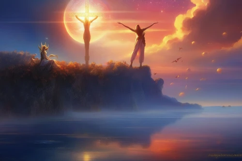 baptism of christ,star of bethlehem,star-of-bethlehem,fantasy picture,the star of bethlehem,fairies aloft,world digital painting,the pillar of light,jesus christ and the cross,the crucifixion,guiding light,sun and moon,sunburst background,background image,easter background,the angel with the cross,the cross,jesus on the cross,sun god,light bearer,Illustration,Realistic Fantasy,Realistic Fantasy 01