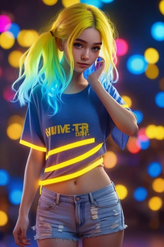 girl in t-shirt,retro girl,pubg mascot,sports girl,grunge,navi,80s,tee,neon light,wu,cheerleader,vector girl,show off aurora,punk,wiz,sega,3d render,lis,jeans background,teen,Photography,General,Commercial