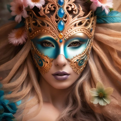 venetian mask,masquerade,the carnival of venice,golden mask,headdress,face paint,faery,gold mask,fairy queen,masque,faerie,headpiece,beauty mask,fantasy portrait,feather headdress,fantasy woman,bodypainting,body painting,gold filigree,spring crown,Illustration,Realistic Fantasy,Realistic Fantasy 01