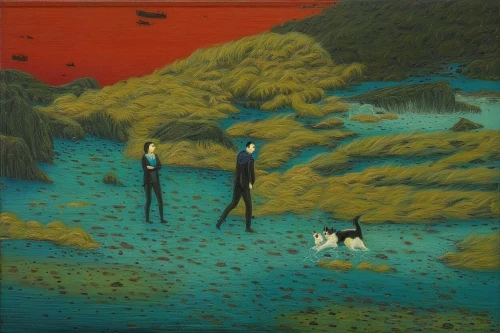 black landscape,ervin hervé-lóránth,han thom,shirakami-sanchi,travelers,surrealism,acid lake,landscape red,walking dogs,luo han guo,boy and dog,choi kwang-do,pere davids deer,red place,the people in the sea,exploration of the sea,red earth,bruno jura hound,young-deer,girl with dog,Illustration,Realistic Fantasy,Realistic Fantasy 08