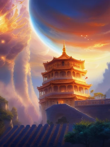 fantasy landscape,chinese clouds,hall of supreme harmony,world digital painting,forbidden palace,chinese temple,fantasy picture,skyflower,mid-autumn festival,asian architecture,the golden pavilion,ancient city,chinese background,chinese architecture,buddhist temple,oriental painting,oriental,chinese art,golden pavilion,roof landscape,Illustration,Realistic Fantasy,Realistic Fantasy 01
