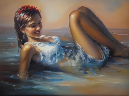 oil painting,water nymph,the sea maid,girl on the river,oil painting on canvas,pin-up girl,girl on the boat,art painting,pin up girl,relaxed young girl,blue waters,girl with a dolphin,mermaid,sea landscape,oil paint,the blonde in the river,girl sitting,retro pin up girl,swimmer,bathing,Illustration,Paper based,Paper Based 04